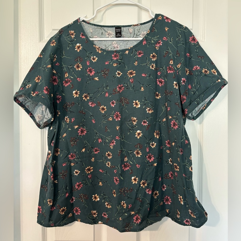 SHEIN Teal Floral Short Sleeve Top